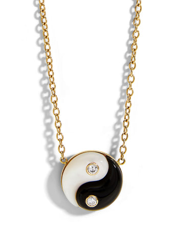 Onyx and White Mother Of Pearl Yellow Gold Yin Yang Pendant Necklace