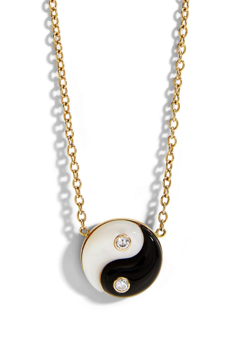 Onyx and White Mother Of Pearl Yellow Gold Yin Yang Pendant Necklace