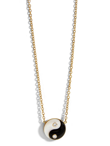 Onyx and White Mother Of Pearl Yellow Gold Yin Yang Pendant Necklace