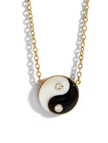 Onyx and White Mother Of Pearl Yellow Gold Yin Yang Pendant Necklace