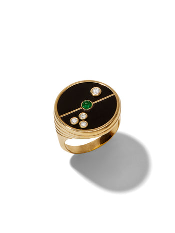 Black Onyx and Emerald Compass Yellow Gold Ring