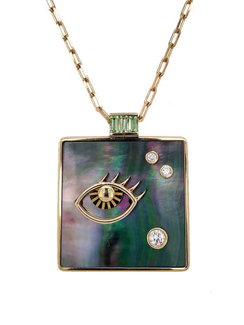 Large Dark Mother Of Pearl Wisdom Yellow Gold Pendant