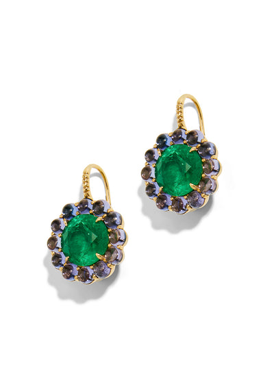 Heirloom Emerald and Cabochon Tanzanite Yellow Gold Earrings