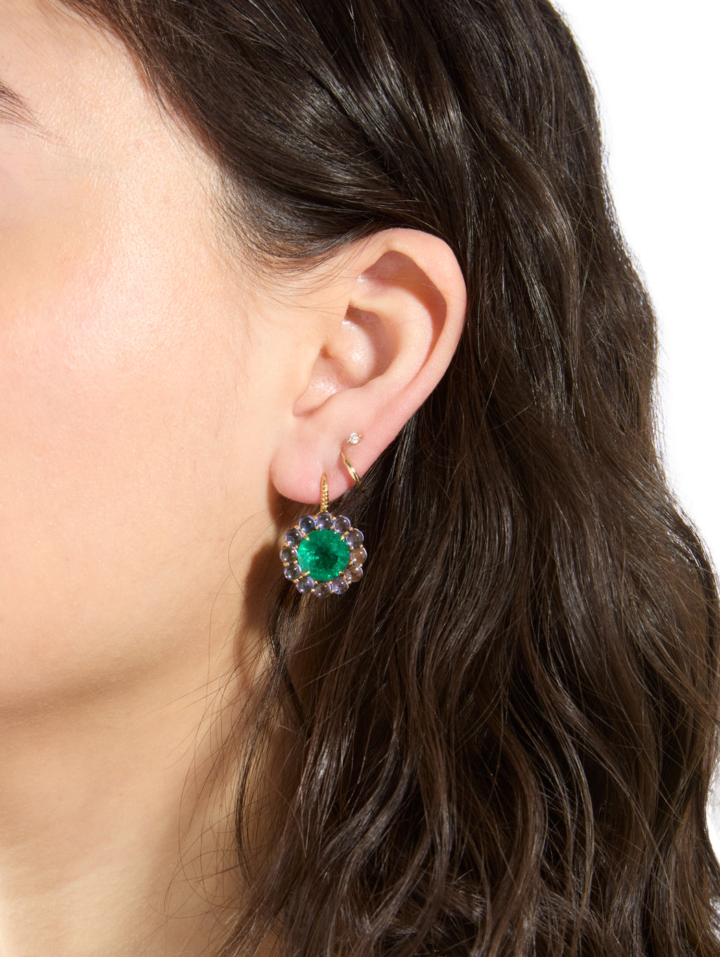 Heirloom Emerald and Cabochon Tanzanite Yellow Gold Earrings