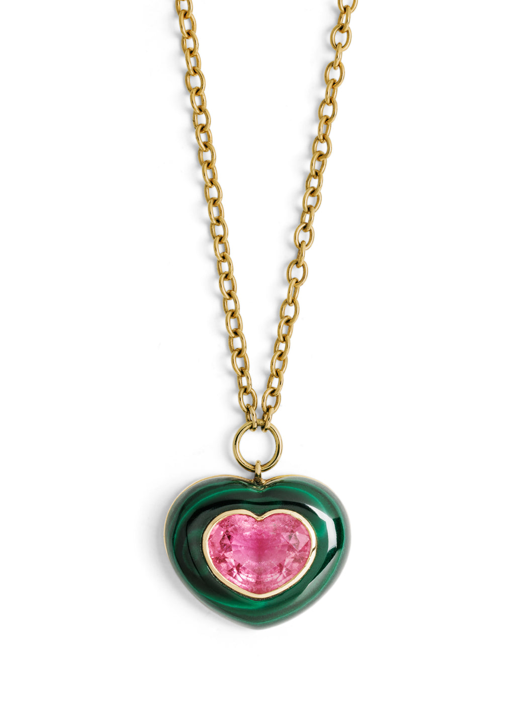 Malachite & Pink Tourmaline Lollipop Yellow Gold Pendant Necklace