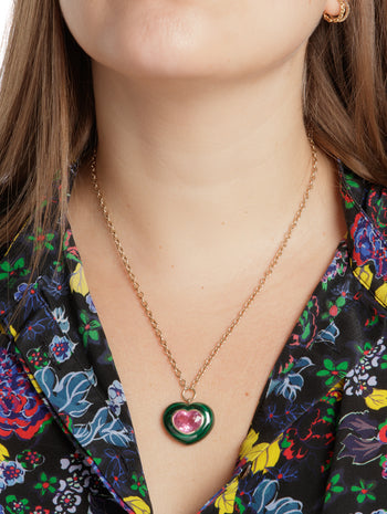 Malachite & Pink Tourmaline Lollipop Yellow Gold Pendant Necklace