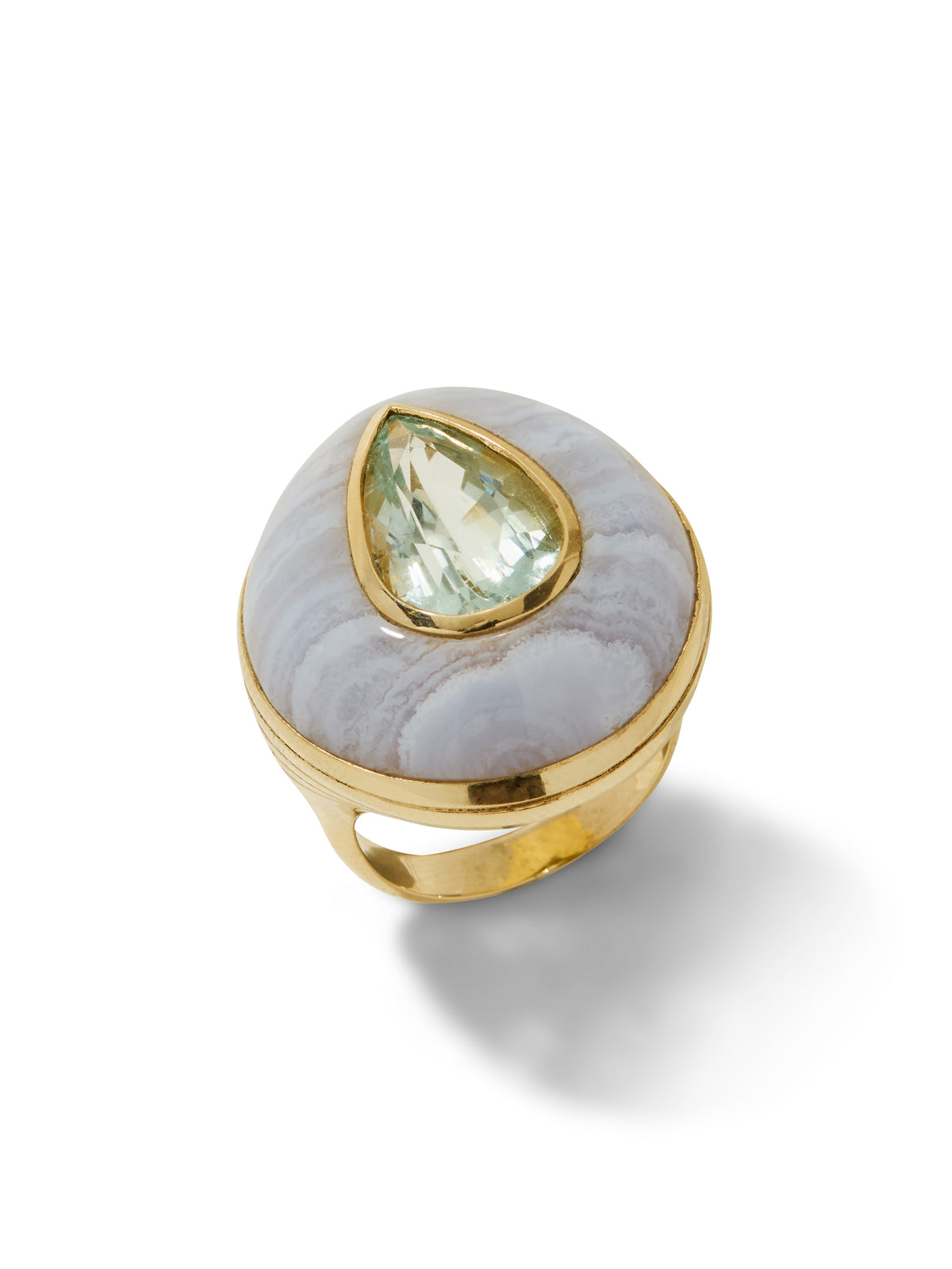 Blue Tourmaline in Blue Lace Agate Lollipop Yellow Gold Ring