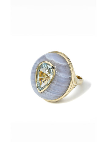 Blue Tourmaline in Blue Lace Agate Lollipop Yellow Gold Ring