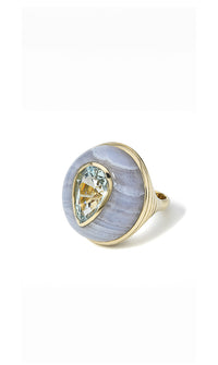 Blue Tourmaline in Blue Lace Agate Lollipop Yellow Gold Ring