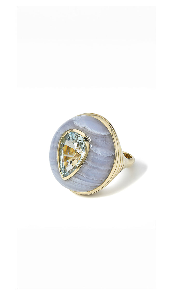 Blue Tourmaline in Blue Lace Agate Lollipop Yellow Gold Ring