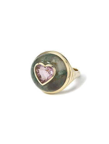 Pink Tourmaline Heart in Moss Agate Petite Lollipop Yellow Gold Ring