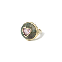 Pink Tourmaline Heart in Moss Agate Petite Lollipop Yellow Gold Ring