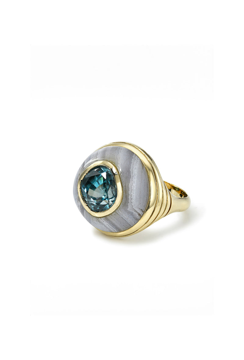 Zircon in Blue Lace Agate Petite Lollipop Yellow Gold Ring