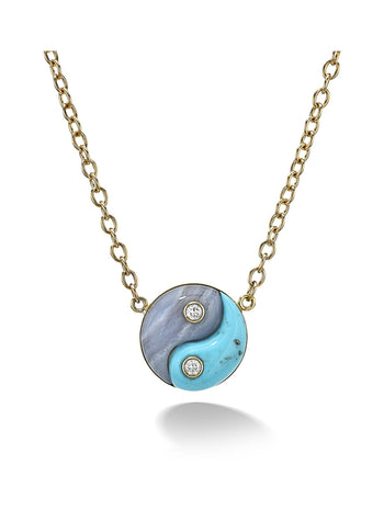 Blue Lace Agate and Turquoise Double Stone Yin Yang Yellow Gold Necklace