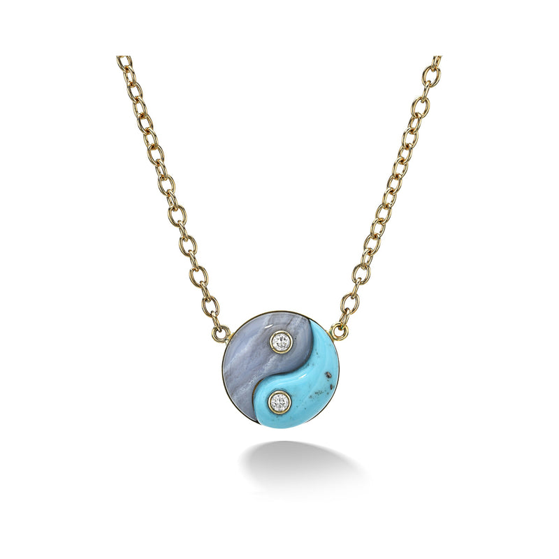 Blue Lace Agate and Turquoise Double Stone Yin Yang Yellow Gold Necklace