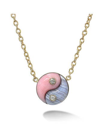 Blue Lace Agate and Pink Opal Double Stone Yin Yang Yellow Gold Necklace