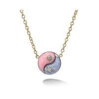 Blue Lace Agate and Pink Opal Double Stone Yin Yang Yellow Gold Necklace