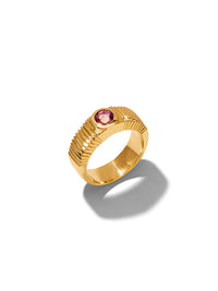 Round Strawberry Sapphire Pleated Solitaire Yellow Gold Ring