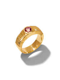 Round Strawberry Sapphire Pleated Solitaire Yellow Gold Ring