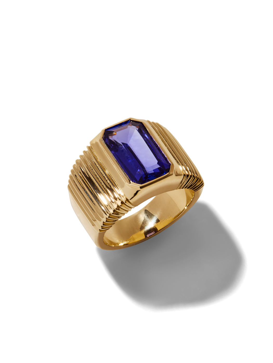 Emerald Cut Tanzanite Pleated Solitaire Yellow Gold Ring