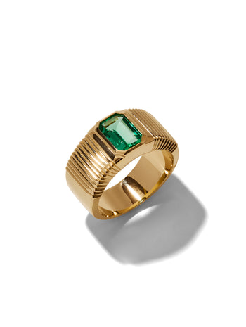 Emerald Cut Emerald Pleated Solitaire Yellow Gold Ring