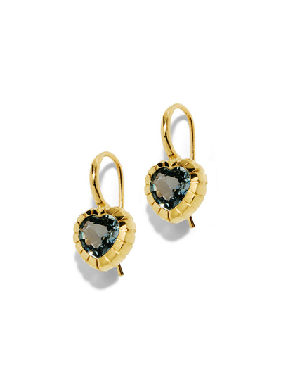 Heirloom Bezel Blue Sapphire Heart Yellow Gold Earrings