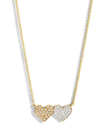 Medium Double Heart Diamond Yellow and White Gold Necklace