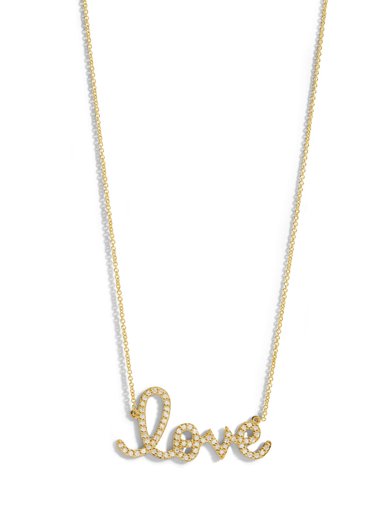 Large Diamond Love Script Yellow Gold Necklace