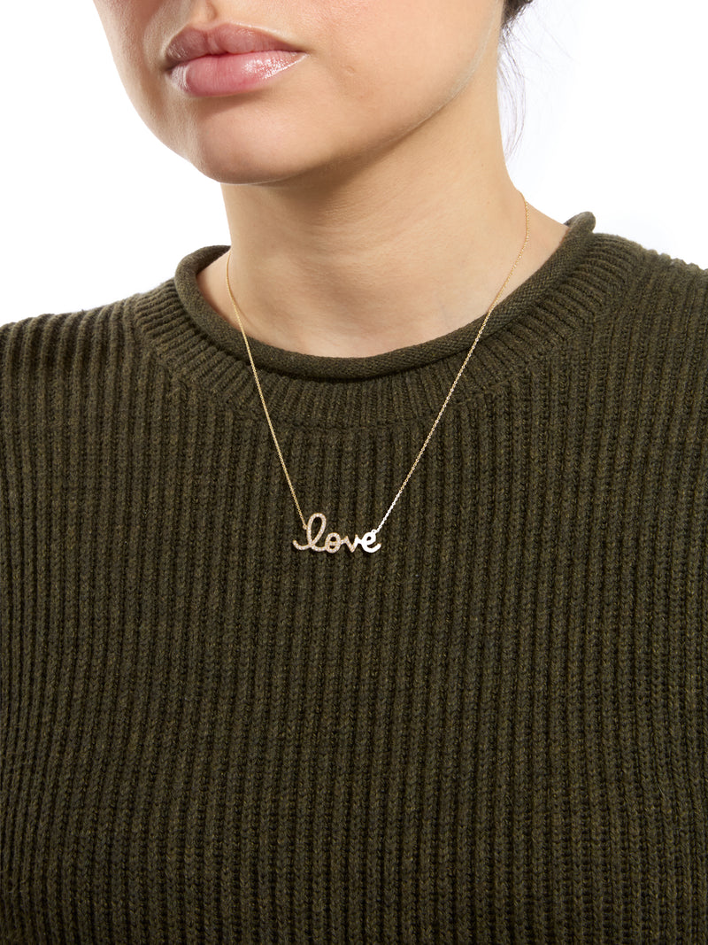 Large Diamond Love Script Yellow Gold Necklace