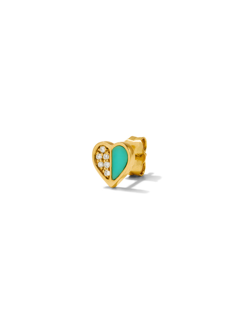 Diamond & Turquoise Inlay Heart Yellow Gold Single Stud Earring