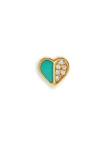 Diamond & Turquoise Inlay Heart Yellow Gold Single Stud Earring