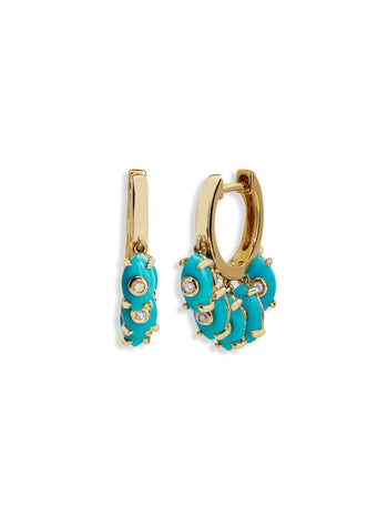 Tiny Carved Turquoise Eye Fringe Yellow Gold Huggie Earrings