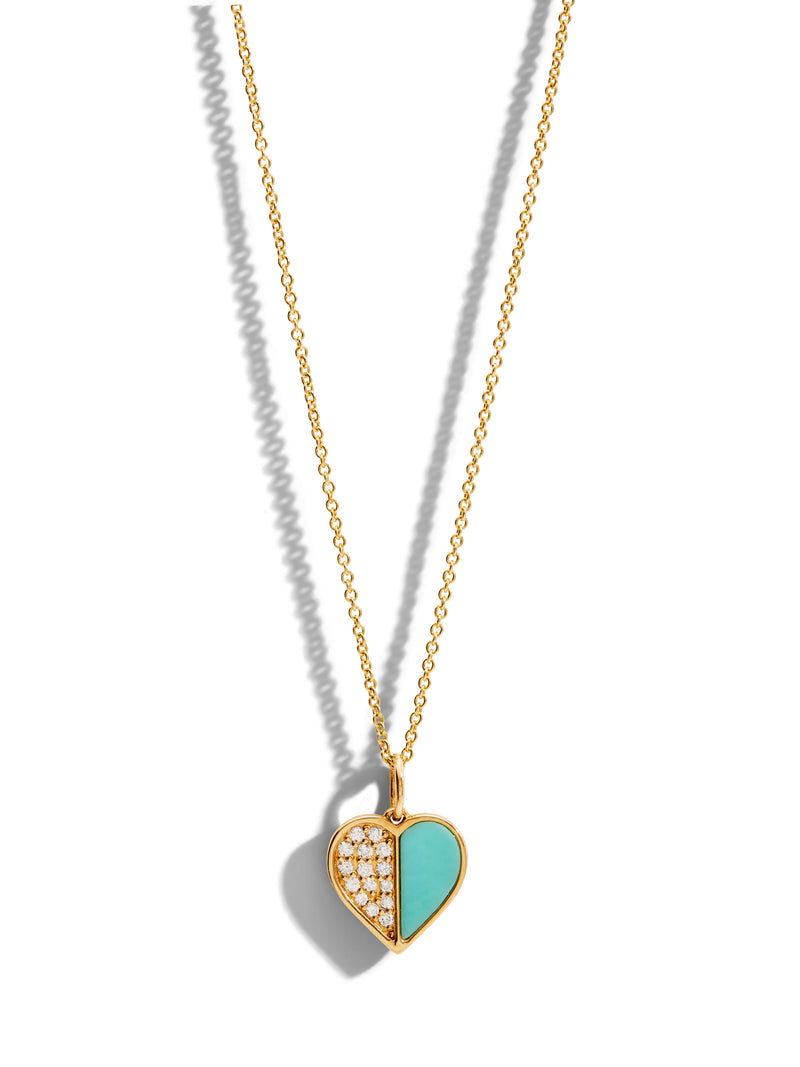 Diamond & Turquoise Inlay Heart Yellow Gold Necklace