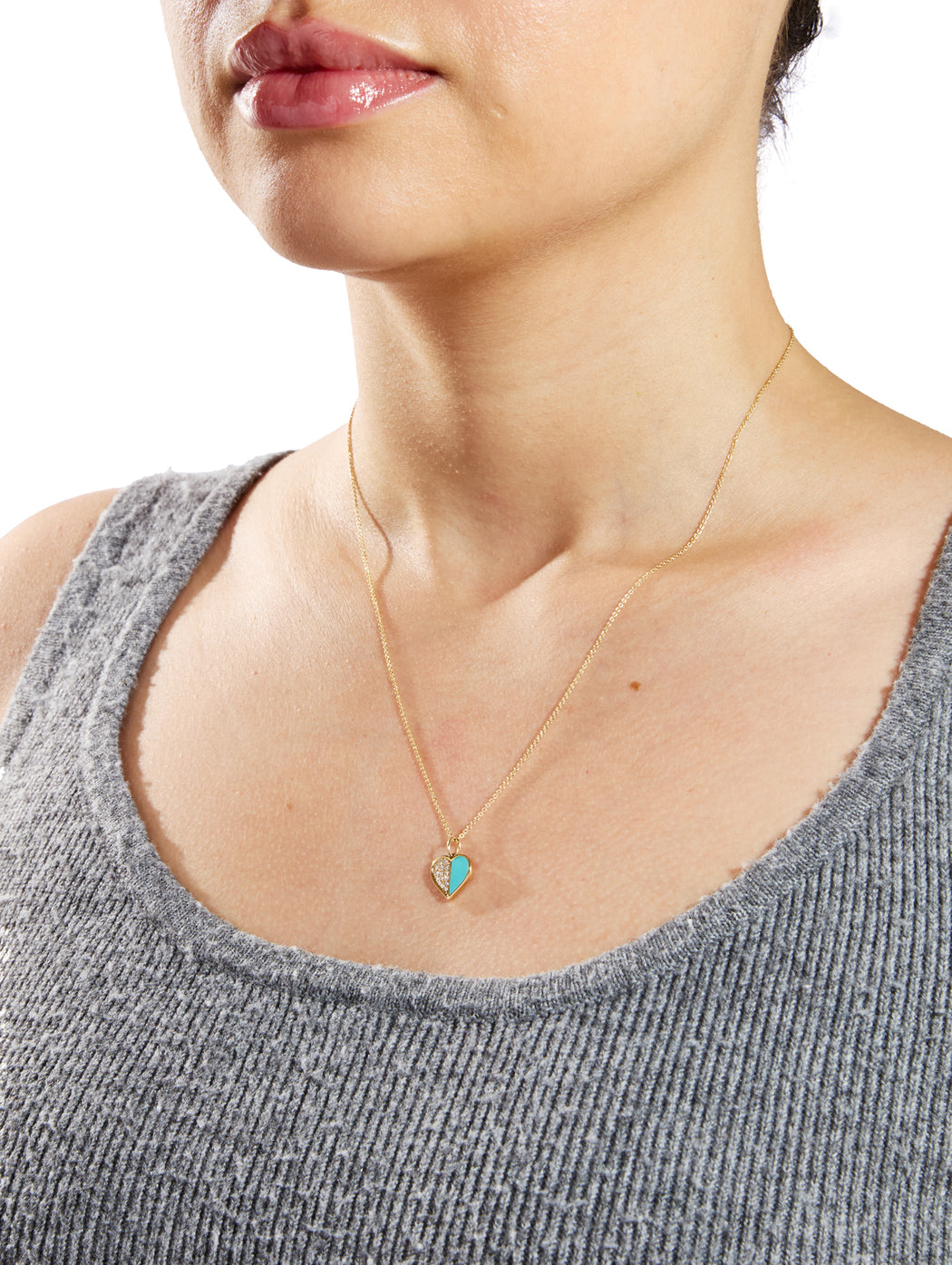 Diamond & Turquoise Inlay Heart Yellow Gold Necklace