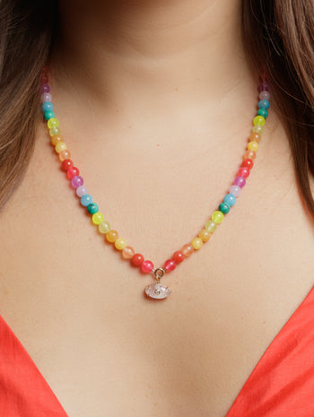 Moonstone Eye on Rainbow Jade Yellow Gold Beaded Necklace