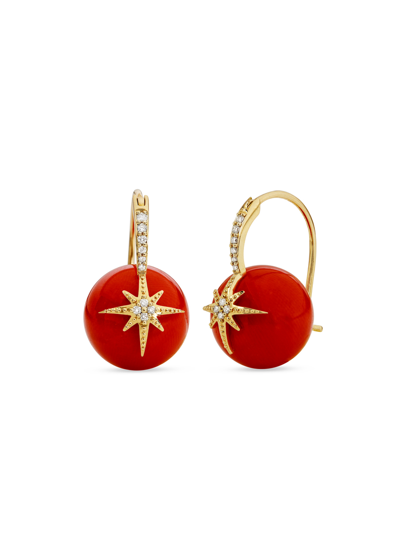 Pavé Diamond Starburst Red Coral Bead Yellow Gold Earrings