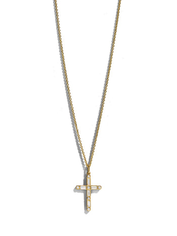 Diamond Baguette & Bezel Cross Yellow Gold Necklace