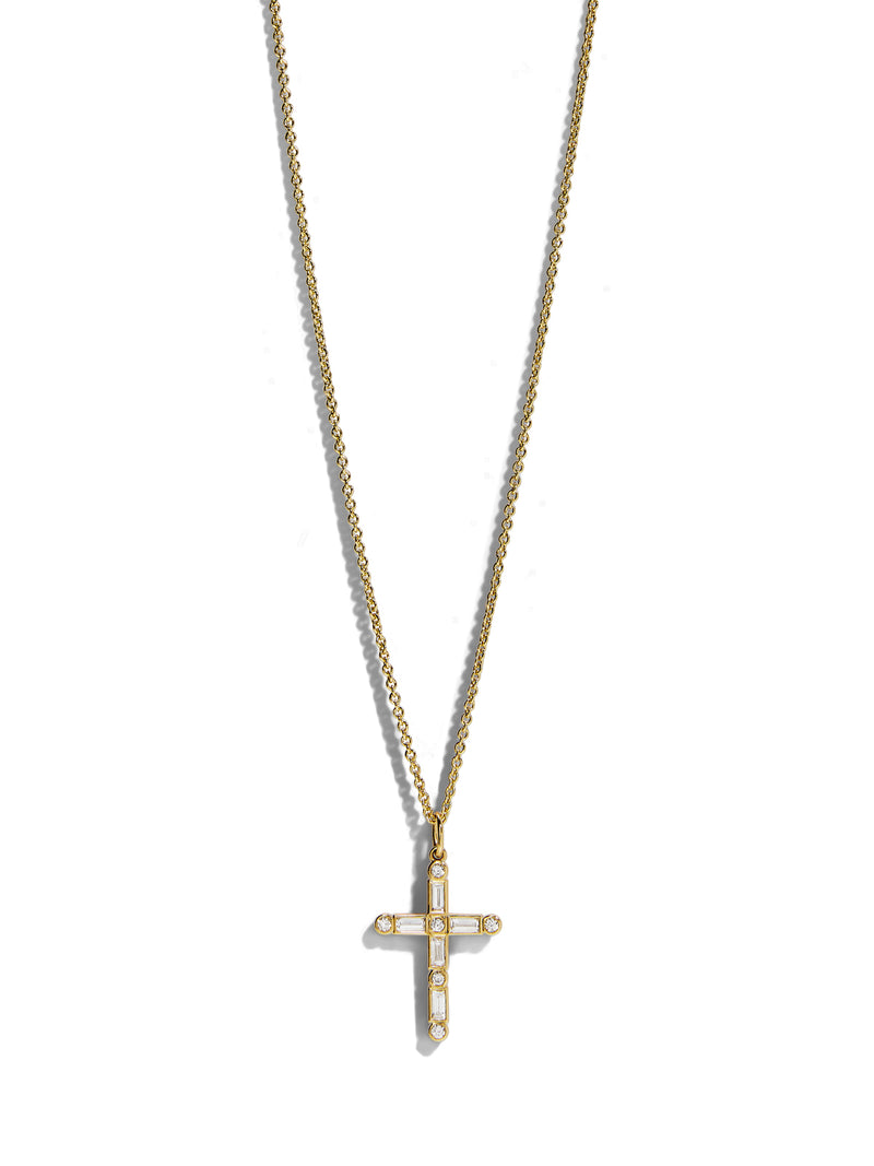 Diamond Baguette & Bezel Cross Yellow Gold Necklace