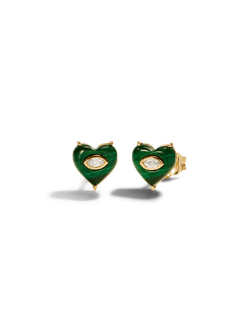 Malachite Carved Heart Yellow Gold Stud Earrings