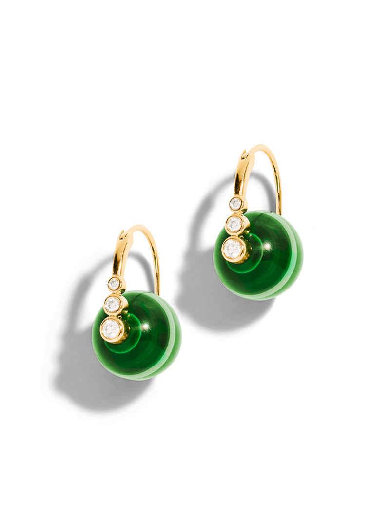 Graduated Diamond Bezel Malachite Bead Yellow Gold Earrings