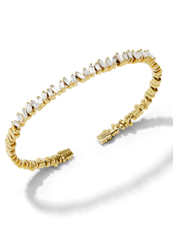 Small Flexible White Diamond Baguette Firework Yellow Gold Bracelet