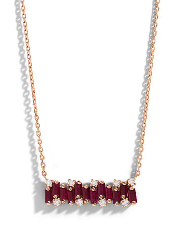 Ruby Baguette and Round Diamond Rose Gold Necklace