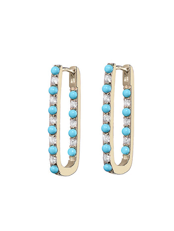 Diamond & Turquoise Large Paperclip Yellow Gold Hoop Earrings