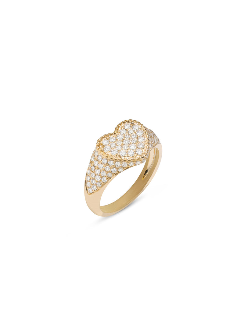 Diamond Baby Heart Cheveliere Yellow Gold Signet Ring