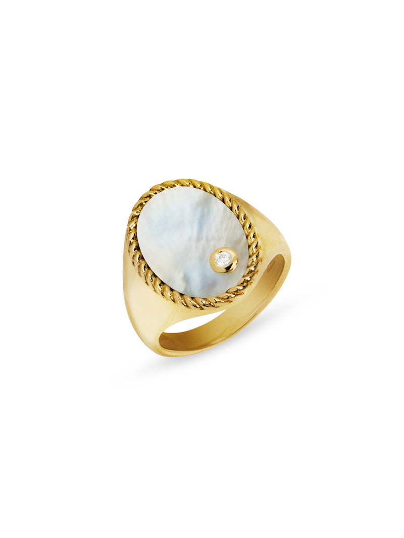 Oval Mother of Pearl Cheveliere Yellow Gold Signet Ring
