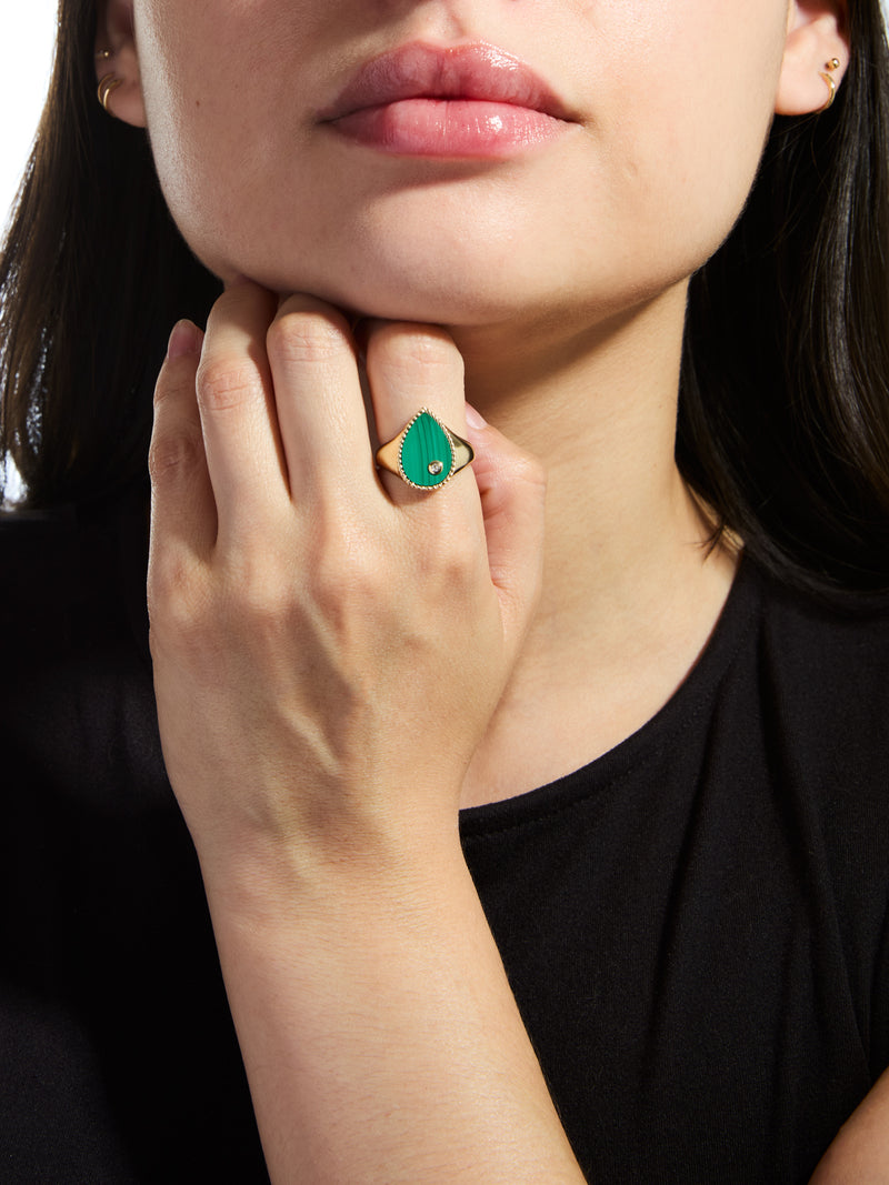 Malachite Pear Cheveliere Yellow Gold Signet Ring