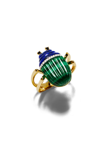 Large Malachite & Lapis Scarab Yellow Gold Ring