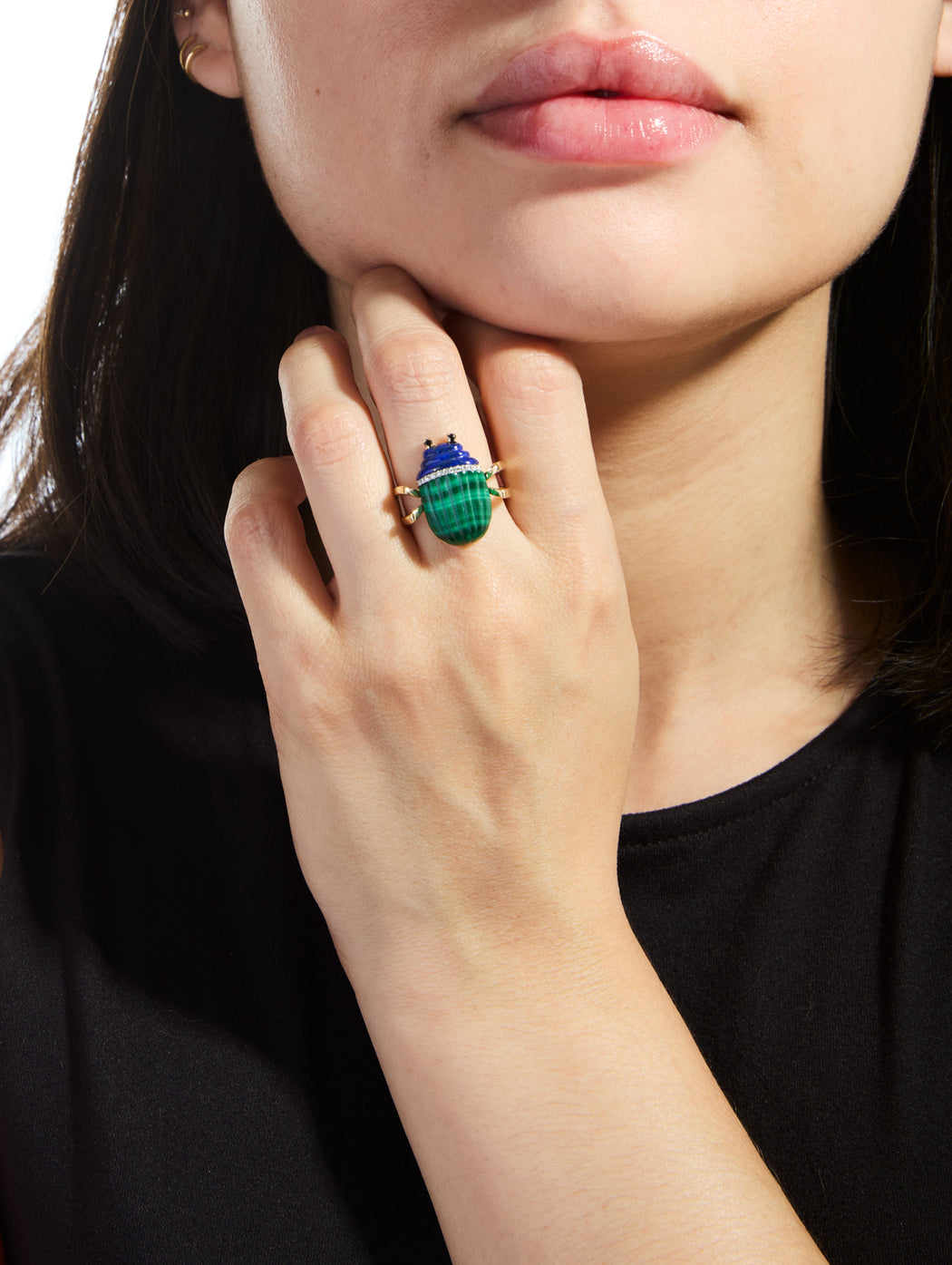 Large Malachite & Lapis Scarab Yellow Gold Ring