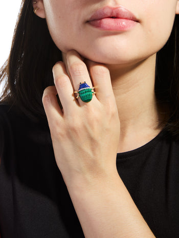 Large Malachite & Lapis Scarab Yellow Gold Ring