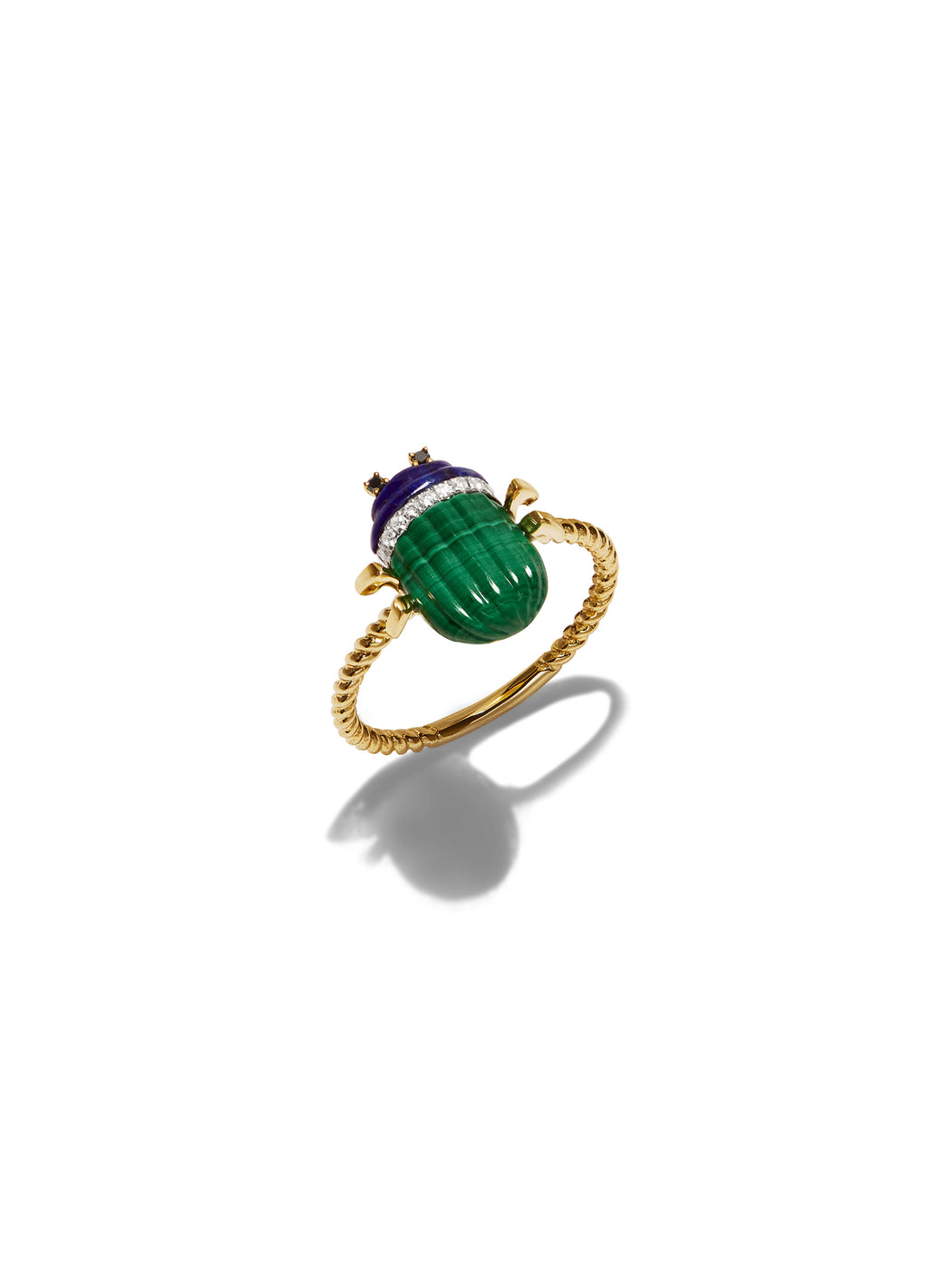 Mini Malachite & Lapis Scarab Yellow Gold Ring